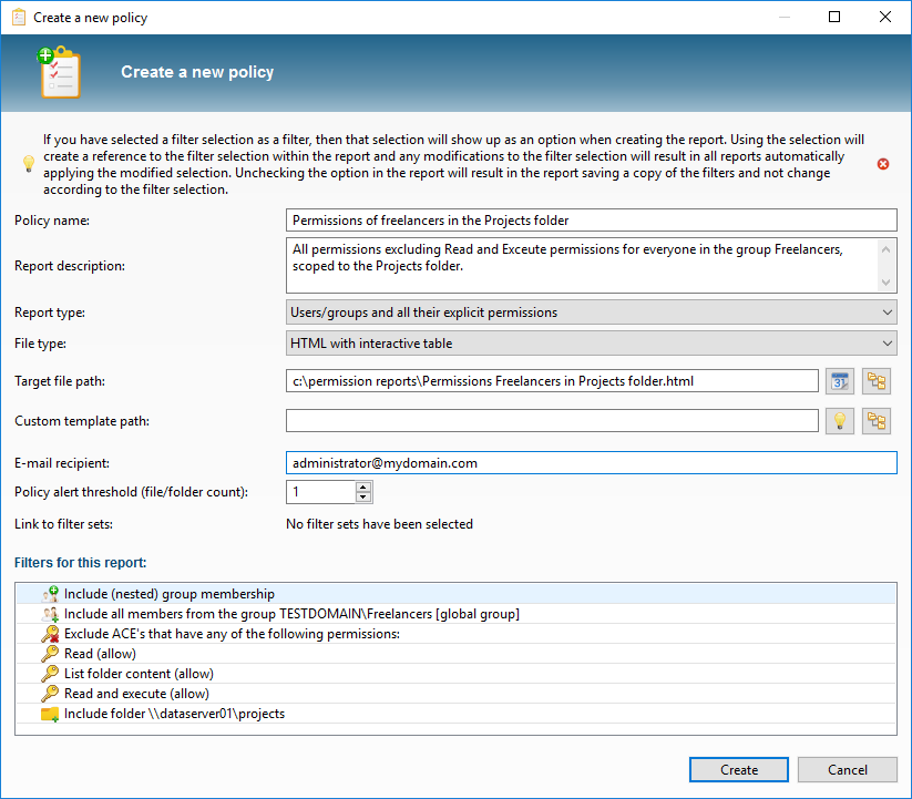 Dialog with audit policy details