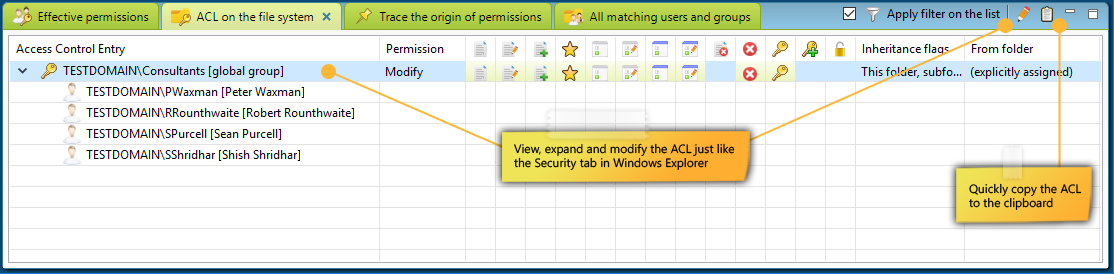 ACL tab to view the Access Control List as it exists on the file system